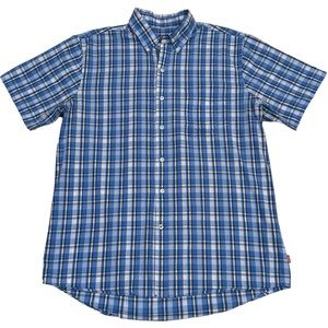 IZOD Men's Blue Plaid Lightweight Poplin Button Short Sleeve Shirt - L